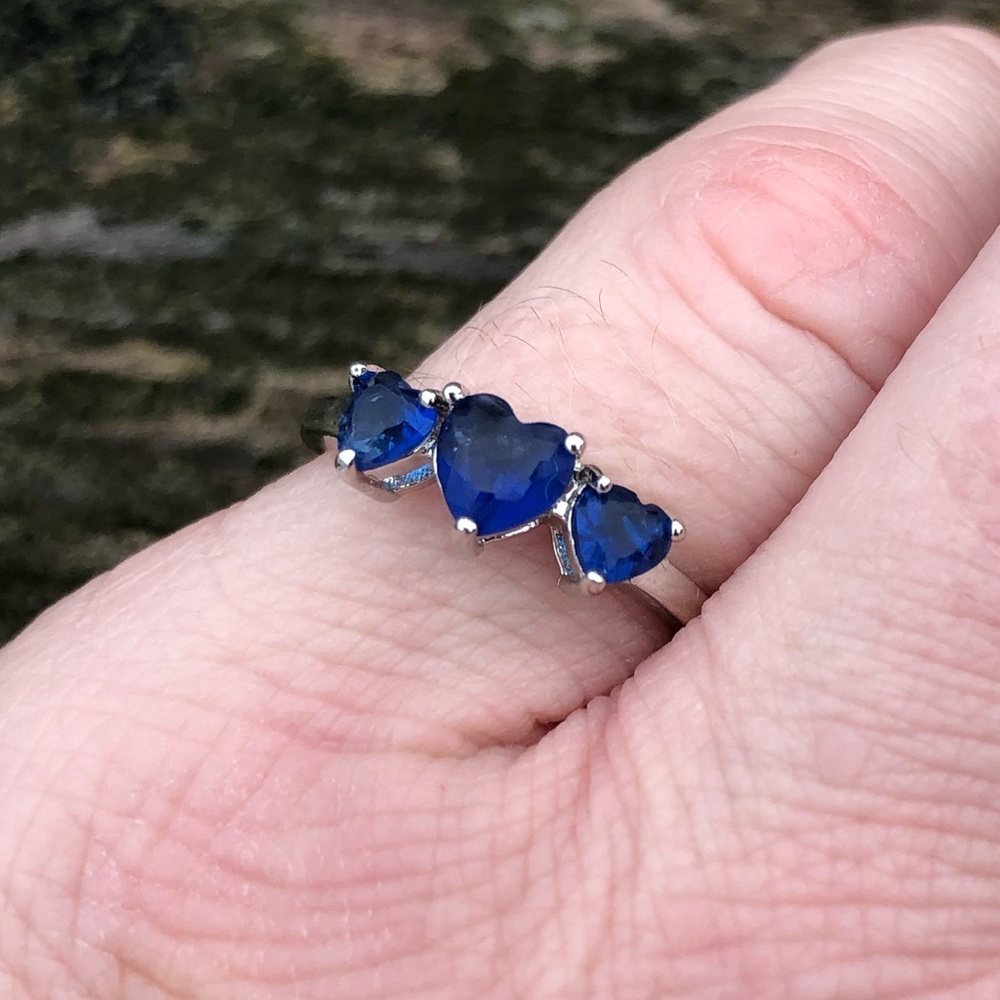 - Sapphire 3 Heart Silver Ring SZ 6! NEW!